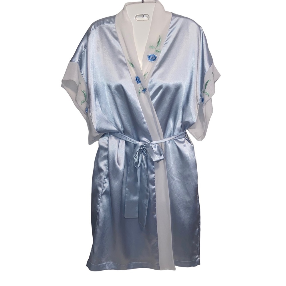 Josie by Natori Satin Robe Womens Medium Embroidered Lingerie Coquette Blue
